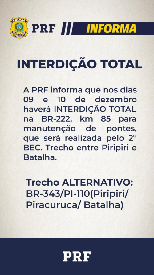 Trecho da BR-222 será interditado a partir desta segunda-feira (9); veja orientações - (Divulgação PRF)