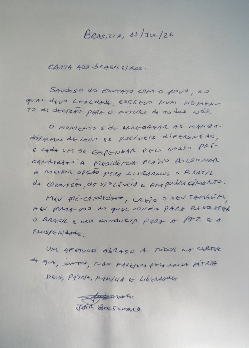 Carta escrita por Bolsonaro e divulgada por Flávio - (Reprodução/X)