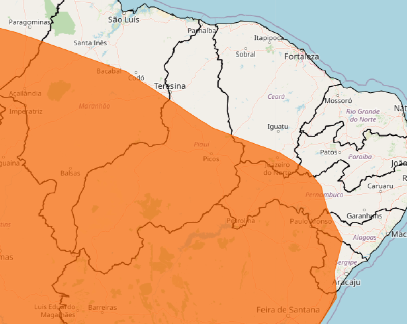 Alerta laranja, de perigo de temporal, abrange as regiões Sudeste, Centro-Norte e Sudoeste - (Reprodução/Inmet)