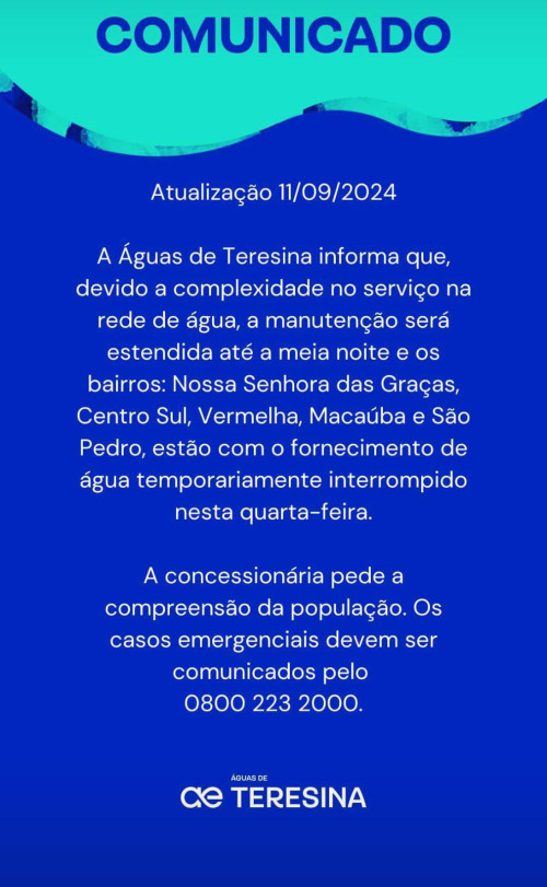 Em Teresina, cinco bairros ficaram com fornecimento interrompido - (Reprodução/Instagram)