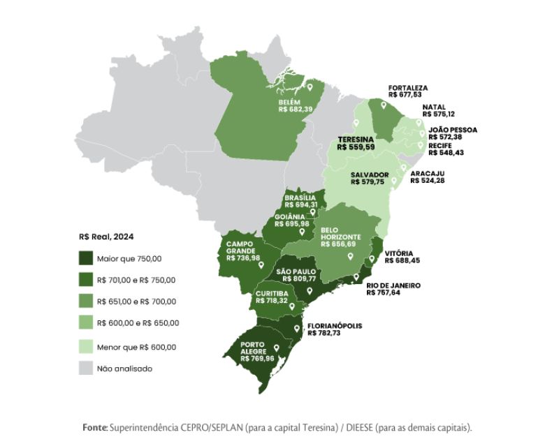 Custo médio da cesta básica por capitais no Brasil (julho de 2024) - (Reprodução/Seplan)