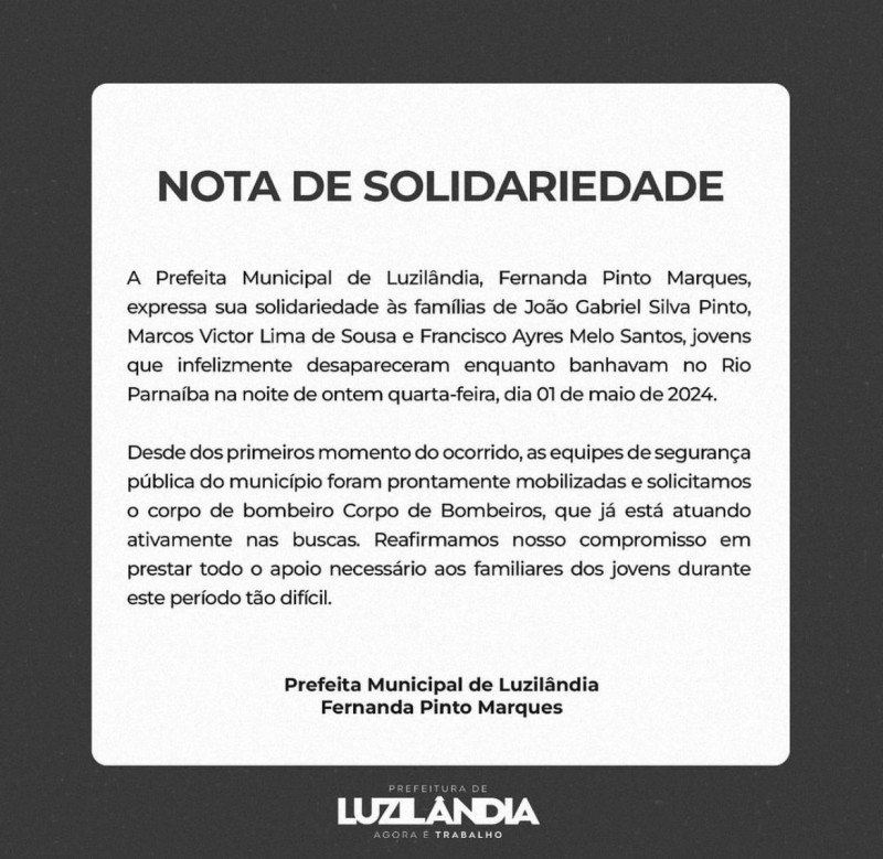 Nota de solidariedade da Prefeitura de Luzilândia  - (Reprodução/Instagram)