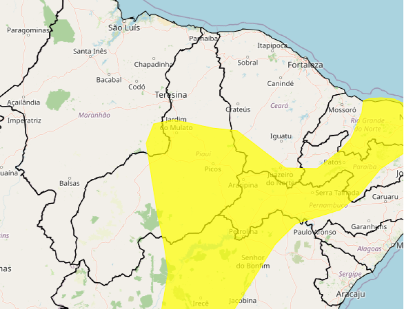 Aviso do Inmet foi atualizado e reduziu a área de abrangência; municípios também têm alerta de baixa umidade. - (Reprodução/ INMET)