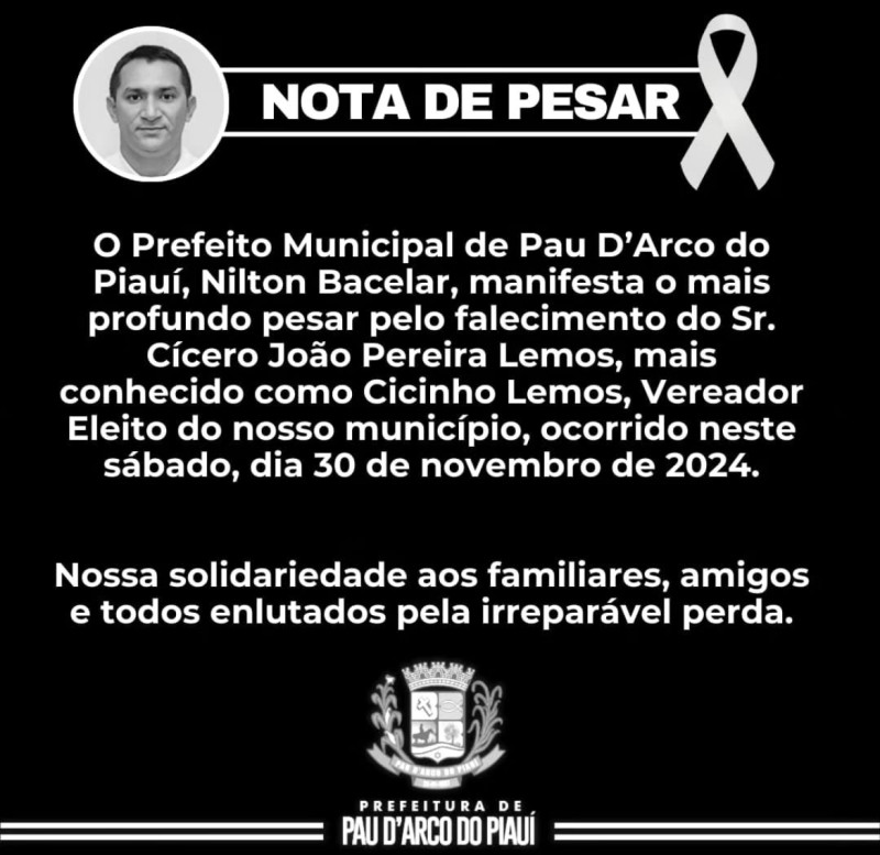 Nota de pesar da Prefeitura de Pau D’Arco do Piauí - (Reprodução/Instagram)