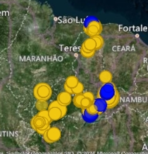 Distribuição de usinas limpas no Piauí. Em amarelo observamos as usinas solares e em azul as usinas eólicas. - (Reprodução/Aneel)