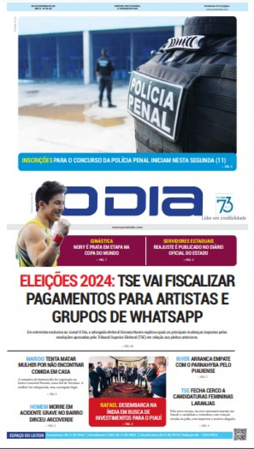 Capa da edição de hoje (11) do Jornal O Dia. - (Reprodução)