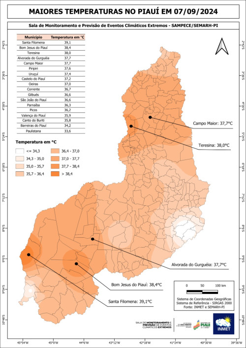 Cidades do Piauí com maiores temperaturas - (Reprodução/Inmet)