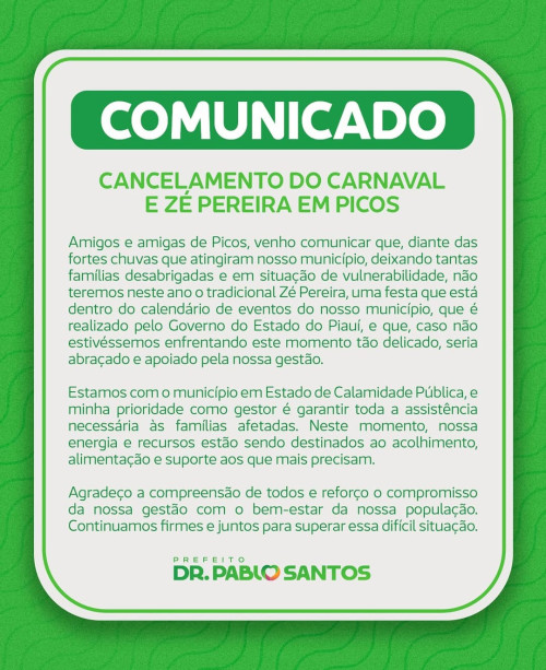 Em estado de calamidade pública, Prefeitura de Picos cancela o Carnaval - (Reproduçaõ/Instagram)