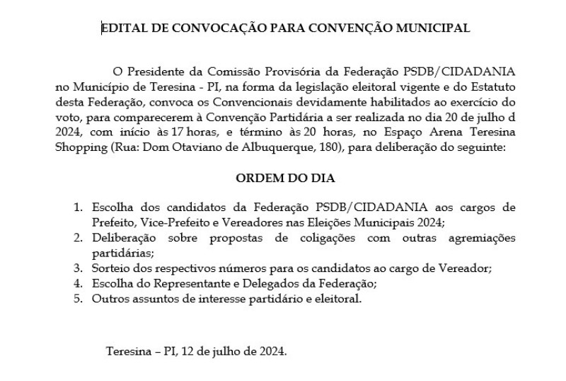 Convocação para a Convenção Partidária  - (Divulgação )