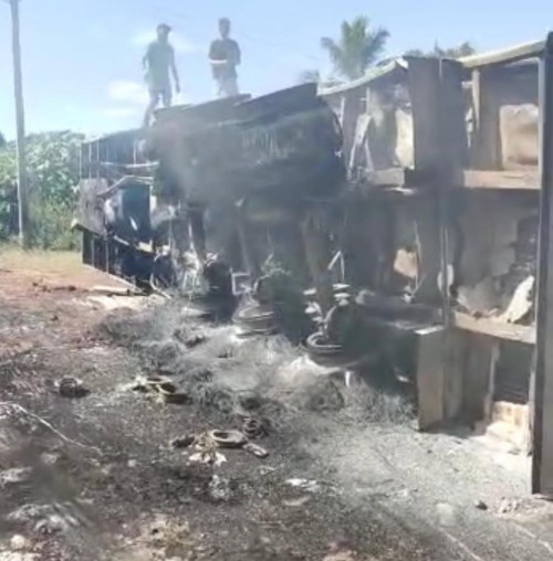 Caminhão baú carregado com frangos pega fogo e tomba na BR-135 em Monte Alegre do Piauí