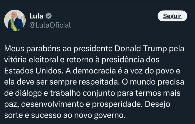 ‘Democracia é a voz do povo e deve ser respeitada’, diz Lula após vitória de Trump - (Reprodução/ X)