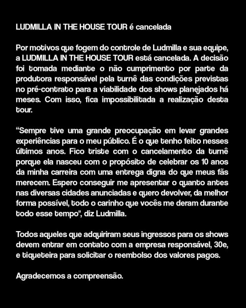 Ludmilla cancela turnê pelo mesmo motivo  - (Reprodução/Instagram )