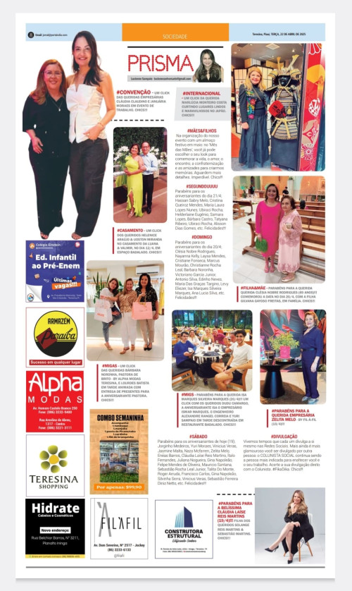 #PRISMA - Confira hoje (22) a nossa Coluna PRISMA no Jornal e Portal ODIA e as nossas Redes Sociais - www.portalodia.com -, Treads e as nossas Redes Sociais. - Aguardem a próxima edição LUCIENNE EM REVISTA. Chics!!!  - (Arquivo Pessoal)