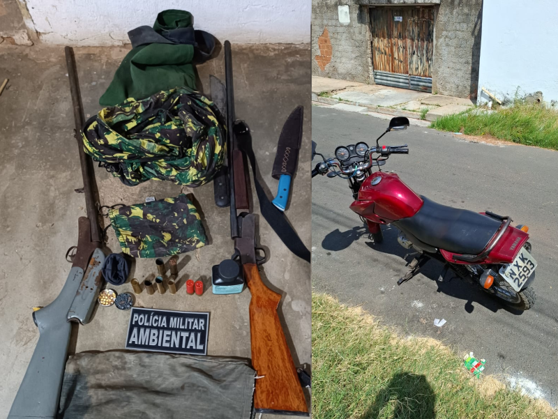 Armas e motocicleta foram apreendidas pela Polícia Ambiental - (Divulgação)