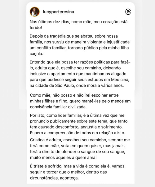 Lucy Soares se manifesta após atrito familiar com filha caçula - (Reprodução)