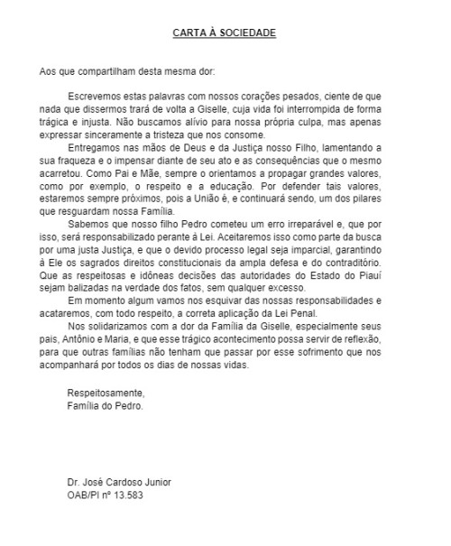 Pais de acusado de feminicídio em Teresina divulgam carta pedindo perdão à família da vítima - (Reprodução)