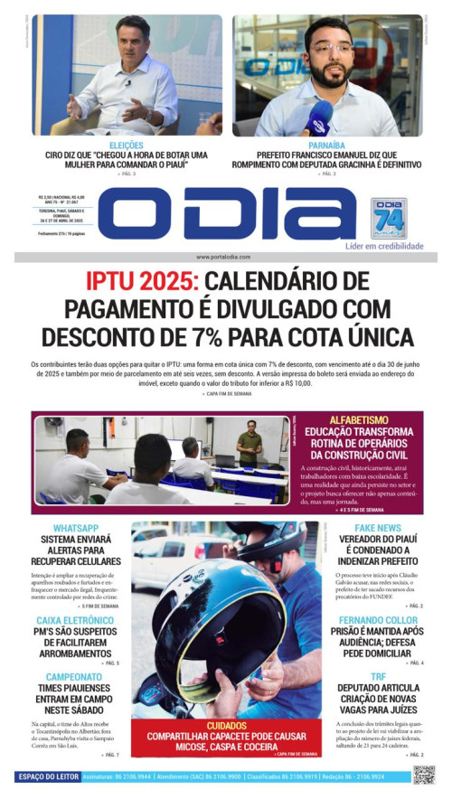 Confira os principais destaques do Jornal O Dia deste sábado (26)