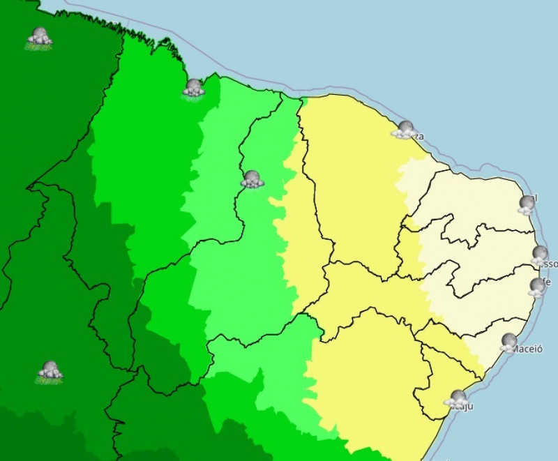 Maior parte do Estado (incluindo a capital) tem previsão de chuvas para esta quinta (04). - (Reprodução / INMET)