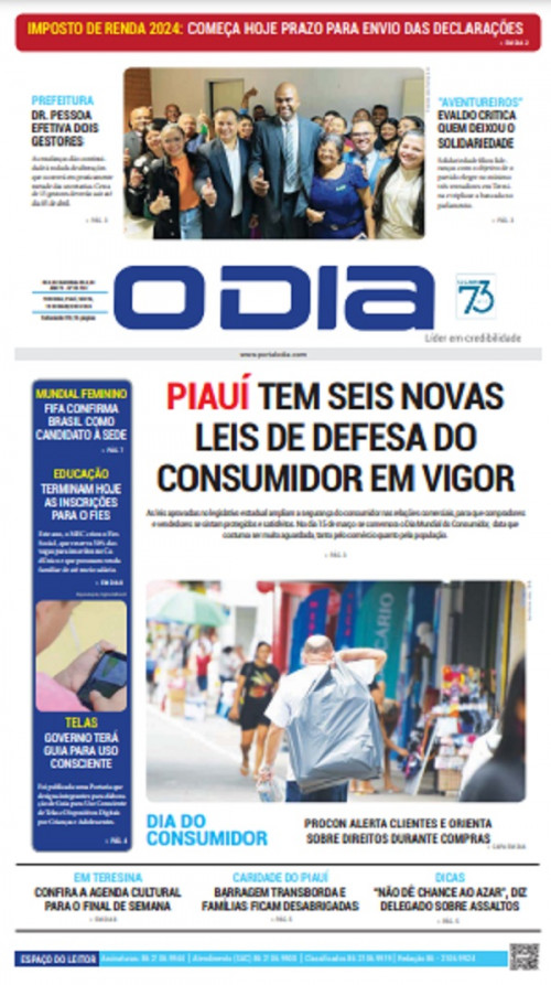 Capa da edição de hoje (15) do Jornal O Dia - (Reprodução)