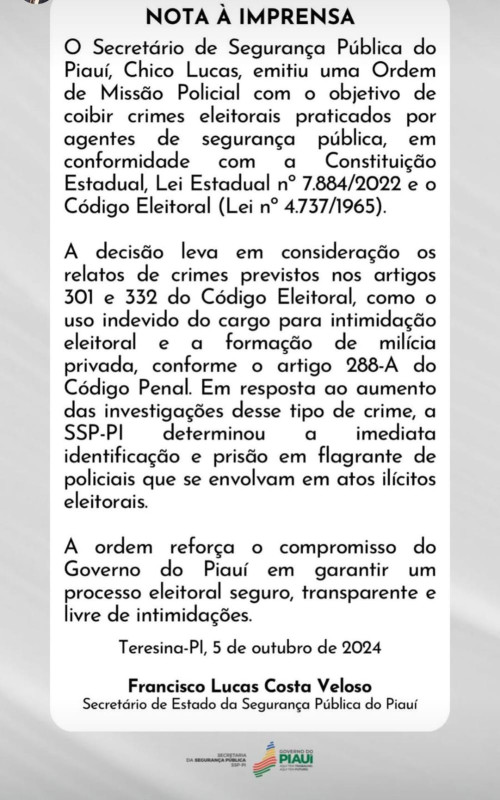 Após denúncias de formação de milícias, Secretário emite ordem de prisão a policiais que praticarem crimes eleitorais - (Reprodução/Instagram)