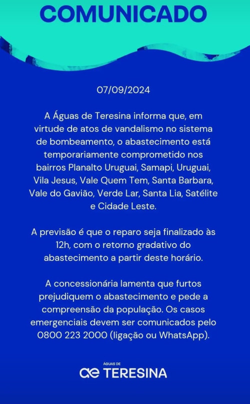 11 bairros de Teresina ficam sem água após peças do sistema de bombeamento serem roubadas - (Reprodução/Instagram)