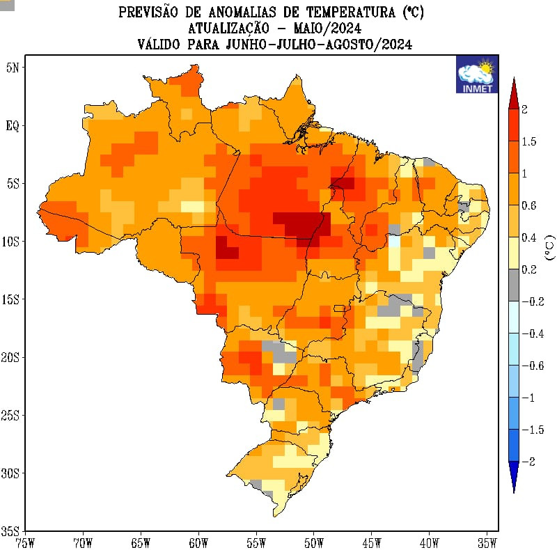 Previsões de temperaturas para junho, julho e agosto - (Reprodução/INMET)