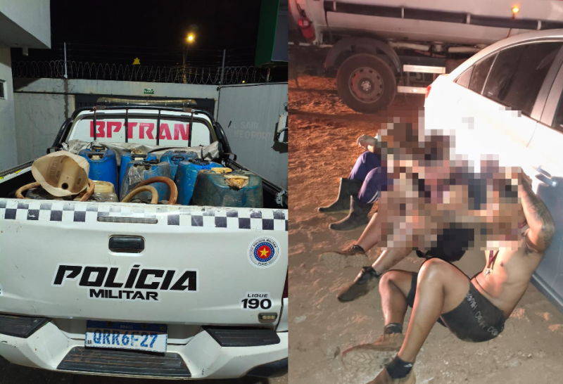 Três suspeitos são flagrados retirando combustível de caminhões-tanque em Teresina