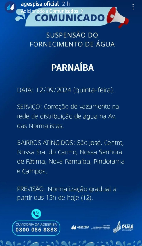 Veja os bairros onde faltará água em Parnaíba nesta quinta-feira (12) - (Reprodução/Instagram)