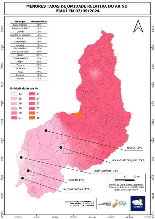 No Piauí, 16 cidades estão com as taxas de umidade relativa do ar abaixo de 30%, - (Reprodução/Inmet)