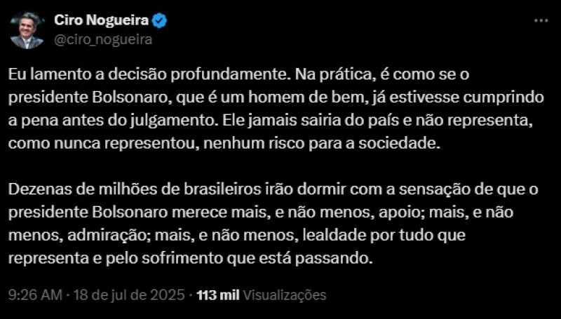 Publicação de Ciro Nogueira na rede social X. - (Reprodução/Internet)