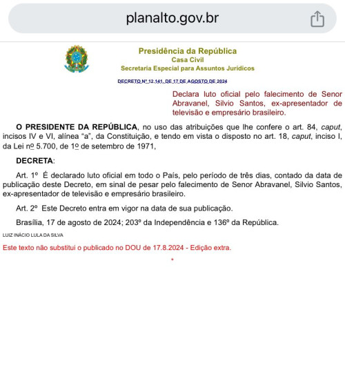 Luto oficial em alusão a morte de Silvio Santos - (Site Presidência da República )