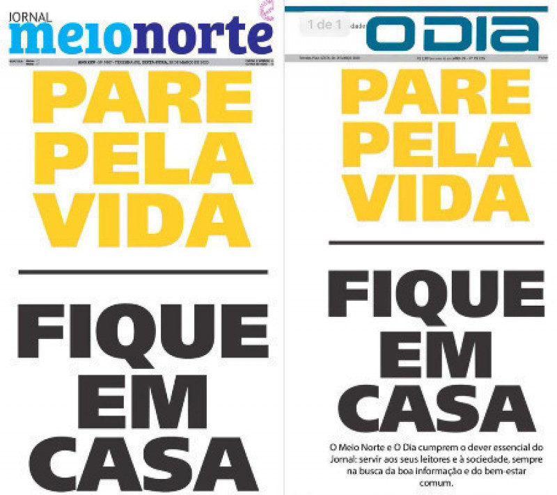 As capas produzidas em conjunto entre o Jornal O Dia e o Jornal Meio Norte publicada no começo da pandemia de covi - (Reprodução)