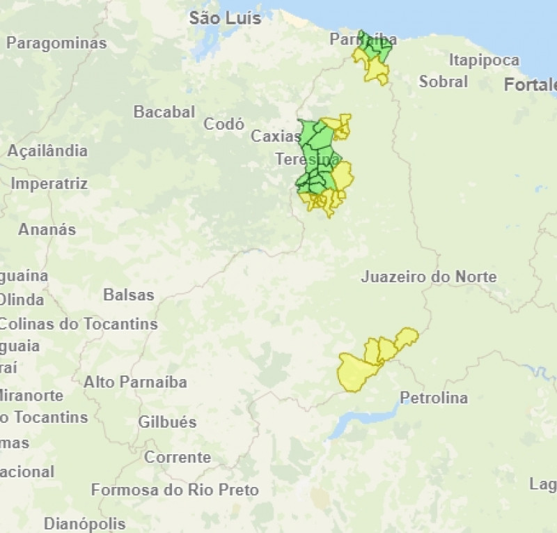 Em verde, estão as cidades do Piauí que já contam com o sinal 5G. Já em amarelo são as cidades que podem oferecer a nova faixa. - (Divulgação/Anatel)
