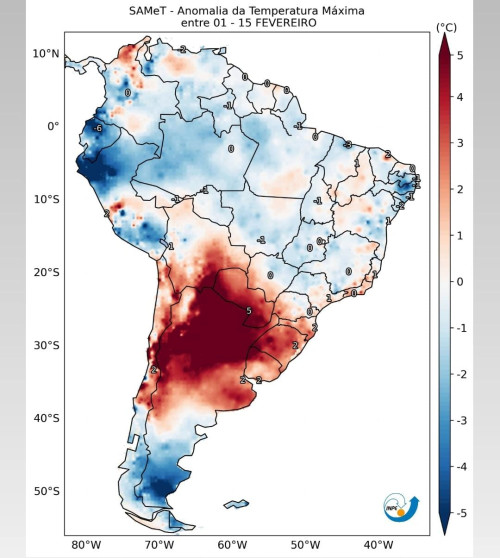  Inpe confirmou uma maior concentração de calor da região Sul da América do Sul - (Reprodução/Inpe)