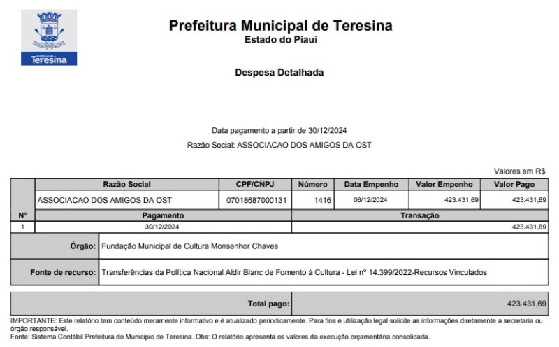 Documento no Portal da Transparência comprova repasse de mais de 400 mil para a AAOST - (Reprodução / Portal da Transparência)