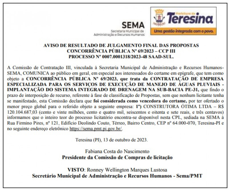 Registro da concorrência pública finalizada - (Reprodução sistema Prefeitura)