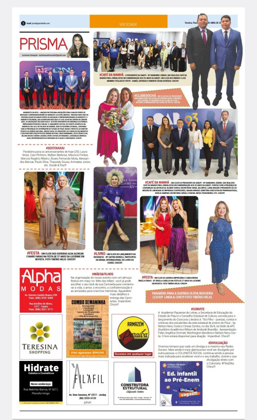 #PRISMA - Confira hoje (25) a nossa Coluna PRISMA no Jornal e Portal ODIA e as nossas Redes Sociais - www.portalodia.com -, Treads e as nossas Redes Sociais. - Aguardem a próxima edição LUCIENNE EM REVISTA. Chics!!!  - (Luciêne Sampaio)