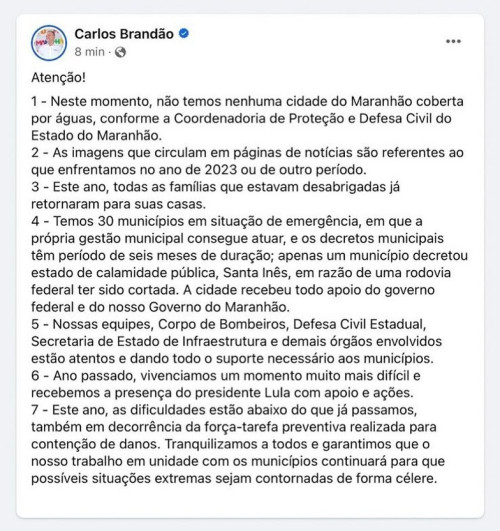 Governo do Maranhão nega que cidades estejam alagadas e que há desabrigados - (Reprodução/Instagram )