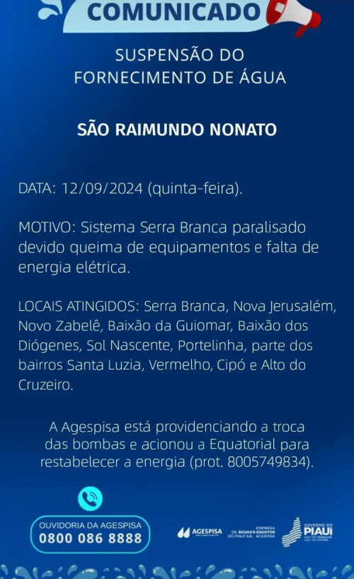 Veja os bairros de São Raimundo Nonato onde faltará água nesta quinta (12) - (Reprodução/Instagram)