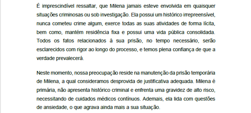 Trecho da nota encaminhada pela defesa de Milena Pâmela - (Reprodução)