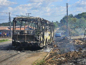 Ônibus coletivo pega fogo e fica completamente destruído na Pedra Mole