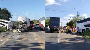 Colisão entre ônibus e duas carretas deixa ao menos uma vítima na BR-343, em Água Branca
